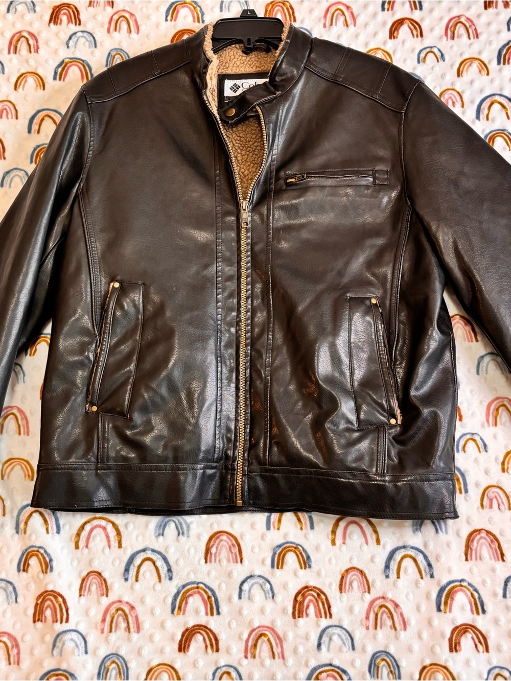 Columbia Men's Dark Brown Faux Leather Bomber Jacket with Sherpa Trim